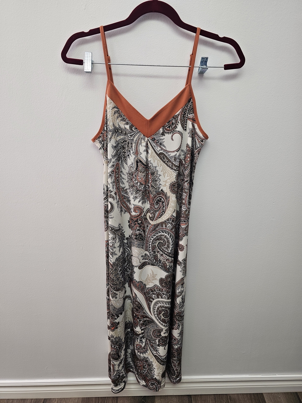 Paisley V-Neck Maxi Slip Dress in Cream and Rust